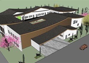 新中式幼儿园（坡屋顶）建筑设计SU(草图大师)精致设计模型
