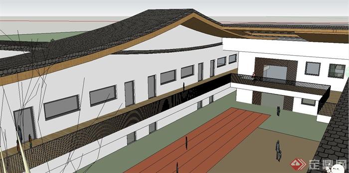 新中式幼儿园（坡屋顶）建筑设计SU精致设计模型(4)