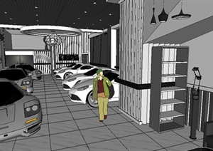 某汽车销售店铺展厅空间SU(草图大师)精致设计模型（附layout格式的施工图纸）