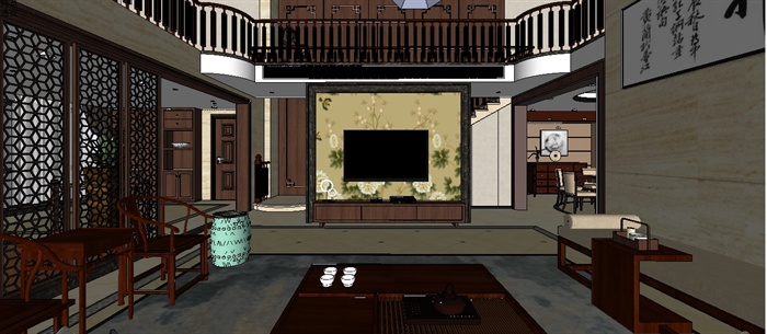 一个新中式别墅室内装潢方案Su整套模型（包括客餐厅+厕所+主、次卧）(1)