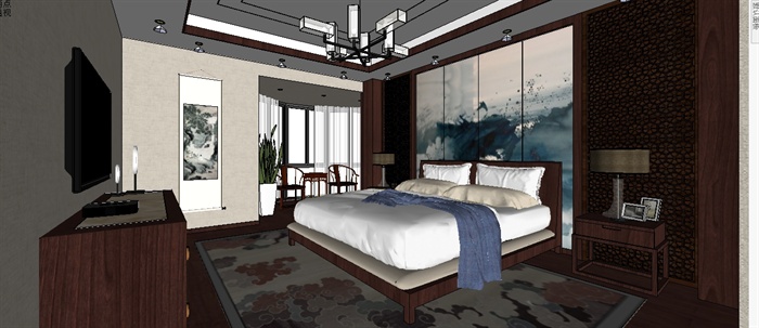 一个新中式别墅室内装潢方案Su整套模型（包括客餐厅+厕所+主、次卧）(3)