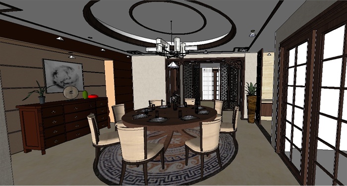 一个新中式别墅室内装潢方案Su整套模型（包括客餐厅+厕所+主、次卧）(4)