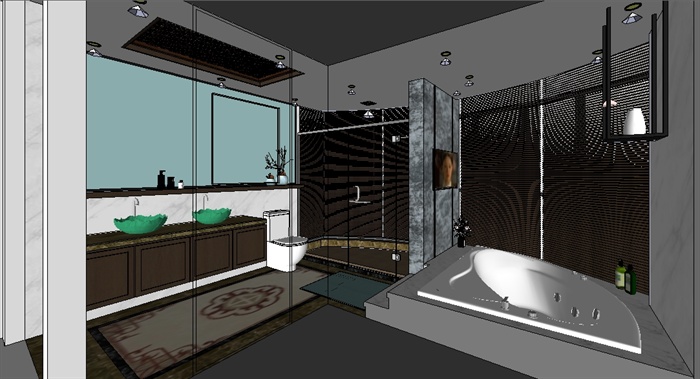 一个新中式别墅室内装潢方案Su整套模型（包括客餐厅+厕所+主、次卧）(5)