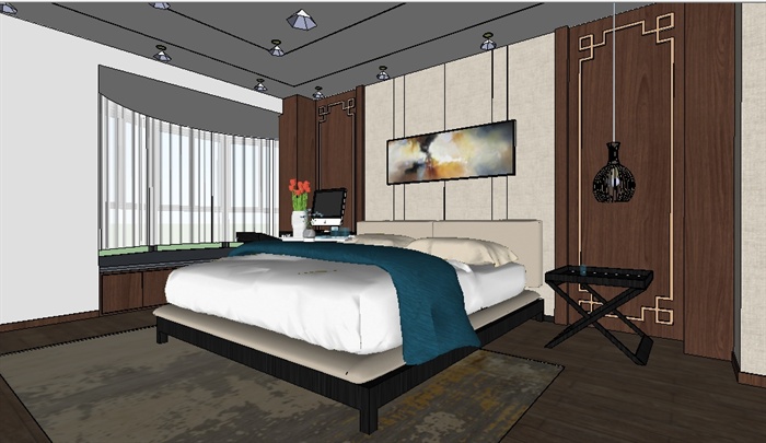 一个新中式别墅室内装潢方案Su整套模型（包括客餐厅+厕所+主、次卧）(6)