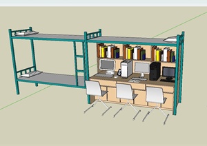学校学生寝室高低床、柜子、座椅组合设计SU(草图大师)模型