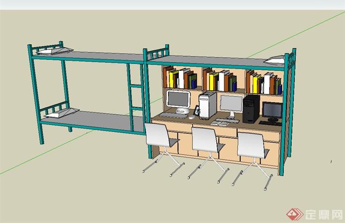 学校学生寝室高低床、柜子、座椅组合设计su模型(1)