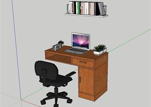 书房书桌、电脑、座椅、书架组合设计SU(草图大师)模型