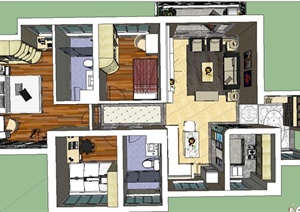 现代某三室一厅住宅空间装修详图设计SU(草图大师)模型