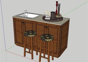 现代中式开放式厨房洗菜台设计SU(草图大师)模型