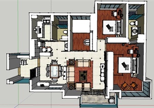 某三室一厅小区房装修设计SU(草图大师)模型