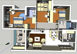 某两室一厅一书房一阳台住宅空间装修设计SU(草图大师)模型