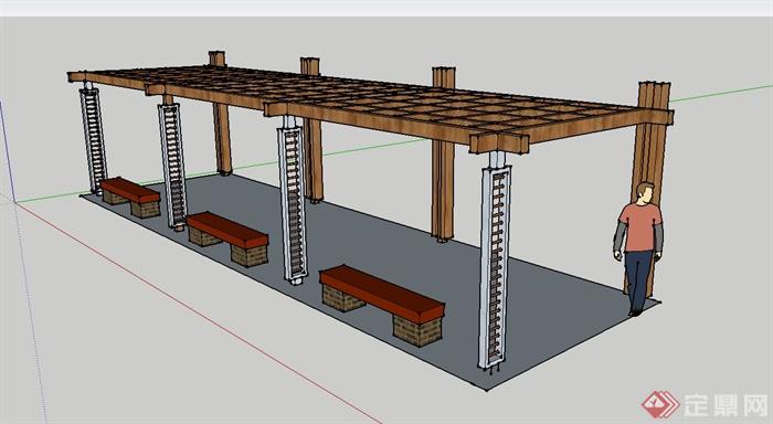 现代中式木廊架、廊架坐凳设计su模型(1)