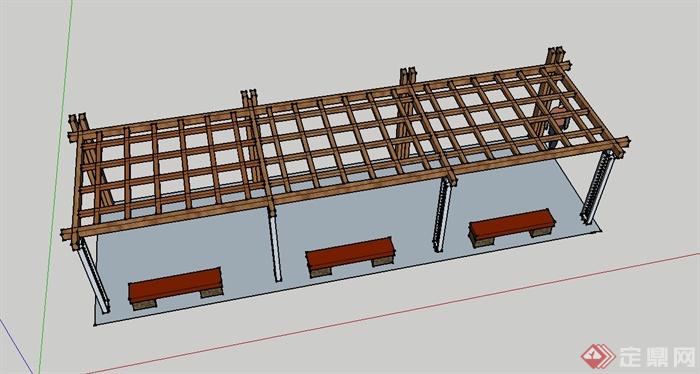 现代中式木廊架、廊架坐凳设计su模型(3)
