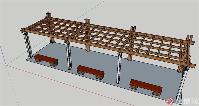 现代中式木廊架、廊架坐凳设计su模型(2)