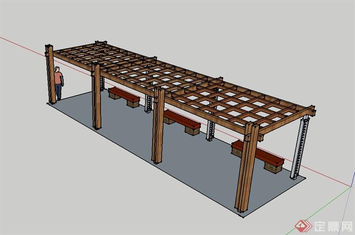 现代中式木廊架、廊架坐凳设计su模型(4)