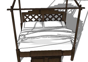 室内中式木质双人床设计SU(草图大师)模型