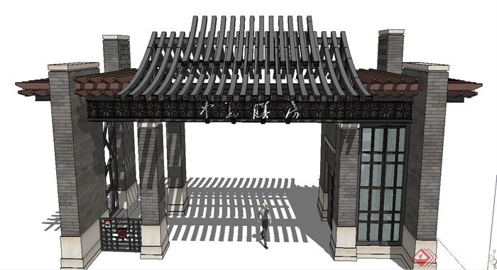 现代中式大门门廊门楼设计SU模型(1)