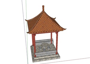古典中式四角亭子设计SU(草图大师)模型（含石桌凳）