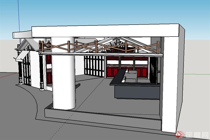 某单层小餐厅室内装修设计CAD平面图+SU模型+JPG效果图(6)