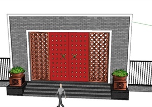 古典中式入口大门围墙设计SU(草图大师)模型