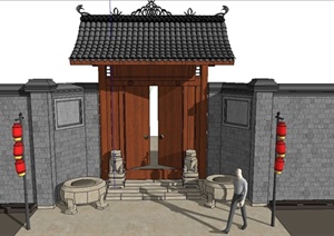 古典中式住宅建筑入口大门设计SU(草图大师)模型