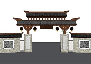 古典中式木门廊围墙设计SU(草图大师)模型