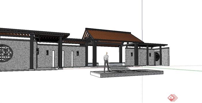 现代中式大门廊架组合设计su模型(2)