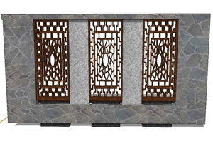 某现代中式木窗、石材组合景墙设计SU(草图大师)模型