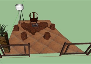 中式室内木茶桌凳设计SU(草图大师)模型