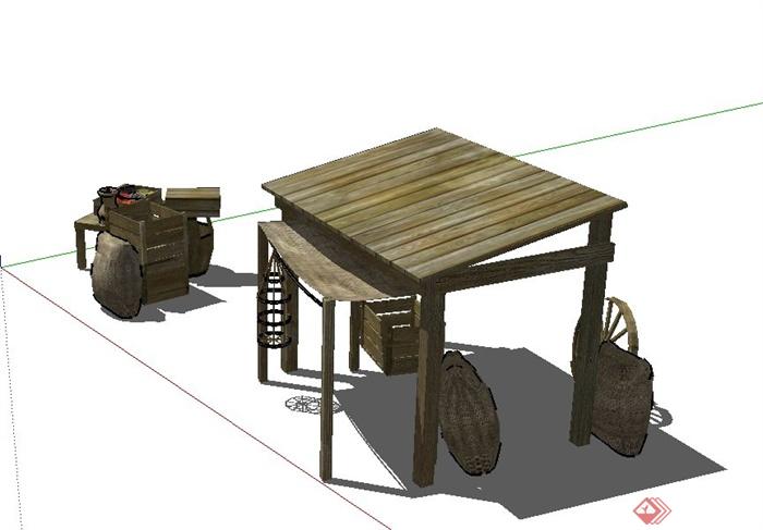 中式木质售卖廊架与摊位设计SU模型(2)
