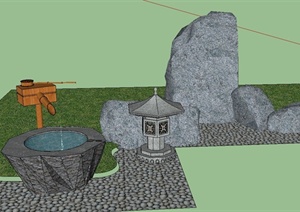 圆形景观石钵与石灯设计SU(草图大师)模型
