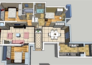 现代某三室两厅住宅家装详图设计SU(草图大师)模型