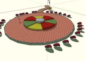 公园圆形花坛设计SU(草图大师)模型（含地面铺装）
