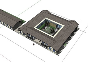 现代中式单层四合院住宅建筑设计SU(草图大师)模型