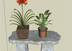 石桌子与盆景植物设计SU(草图大师)模型