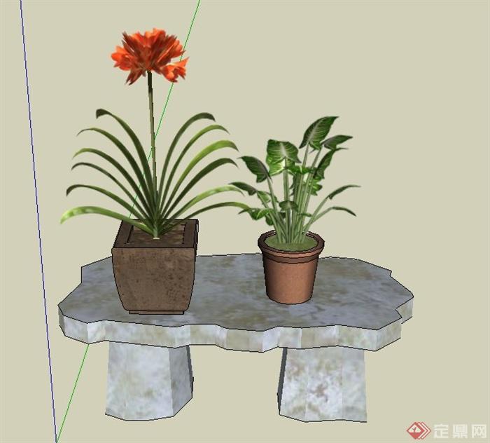 石桌子与盆景植物设计SU模型(1)
