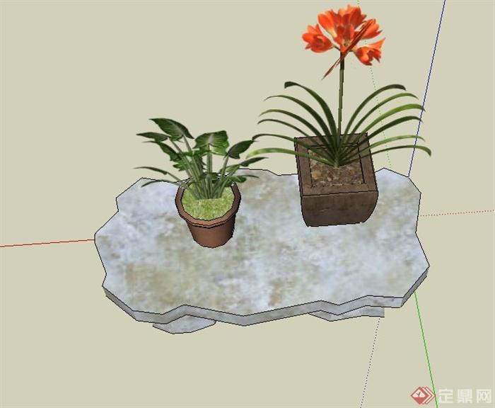 石桌子与盆景植物设计SU模型(3)