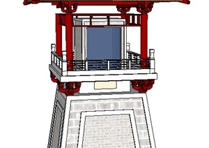 中式风格两层方形塔楼建筑设计SU(草图大师)模型