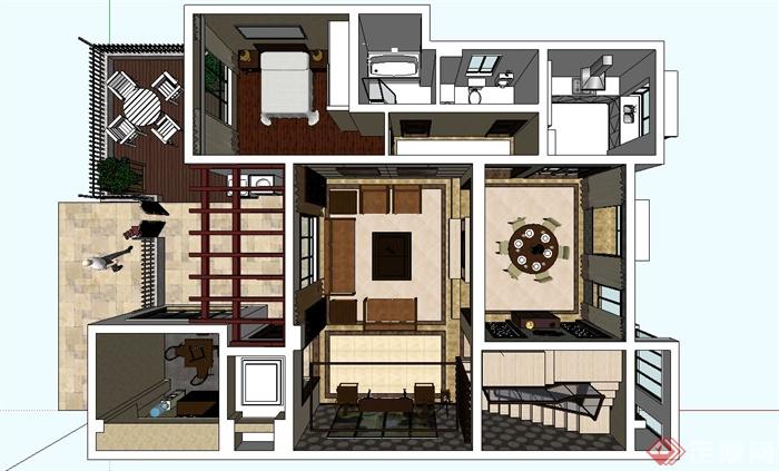 某现代中式室内住宅设计su模型(3)