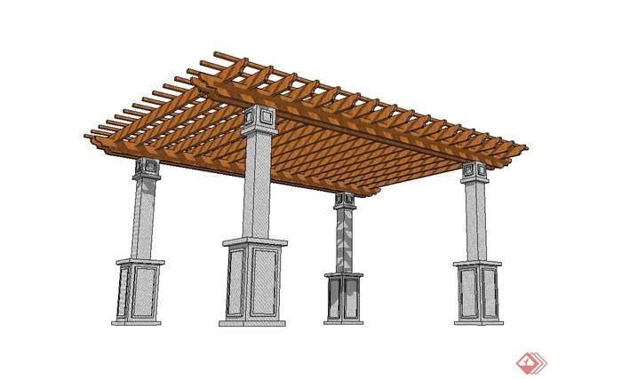 现代铁艺廊架柱、木架子组合廊架设计su模型(3)