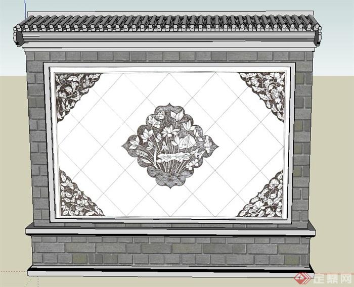 古典中式浮雕花纹景墙设计SU模型(1)