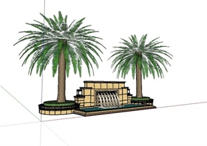 某小区大门入口欧式喷泉水池设计SU(草图大师)模型（含树池）