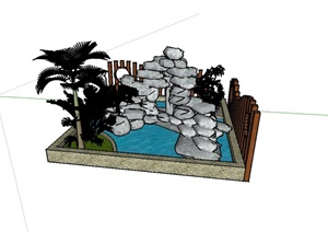 某庭院假山景石水池设计SU(草图大师)模型