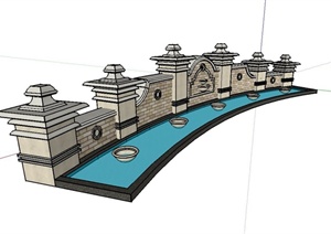 某小区大门入口景墙水池设计SU(草图大师)模型