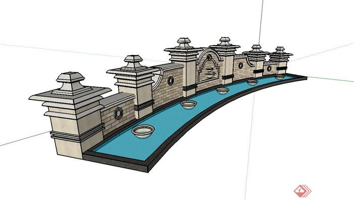 某小区大门入口景墙水池设计su模型(1)