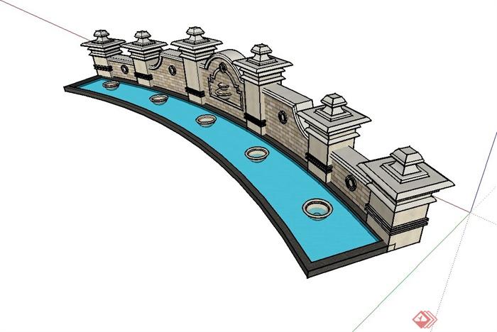 某小区大门入口景墙水池设计su模型(3)