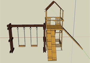 木质儿童游乐设施秋千、滑梯设计SU(草图大师)模型