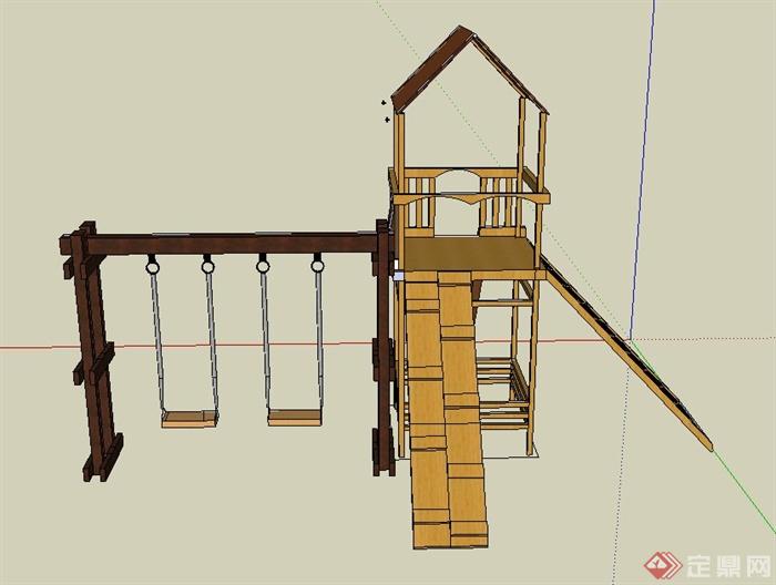 木质儿童游乐设施秋千、滑梯设计SU模型(1)