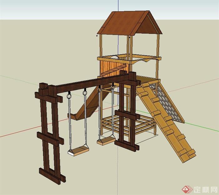 木质儿童游乐设施秋千、滑梯设计SU模型(2)