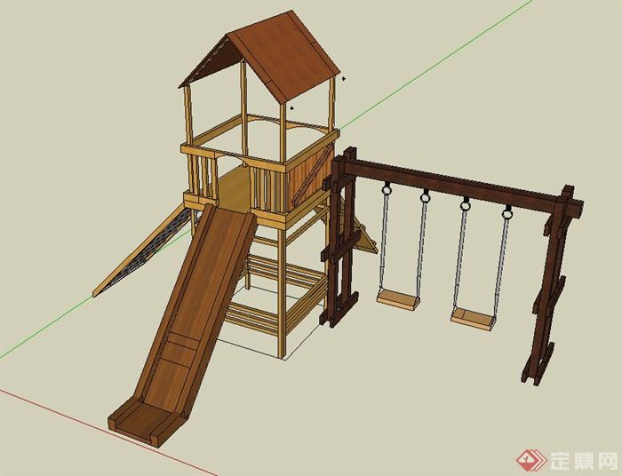 木质儿童游乐设施秋千、滑梯设计SU模型(3)